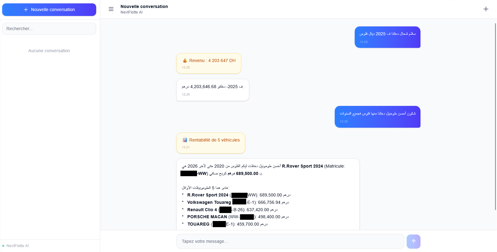 Assistant IA NextFlotte en conversation Darija avec un agent de location