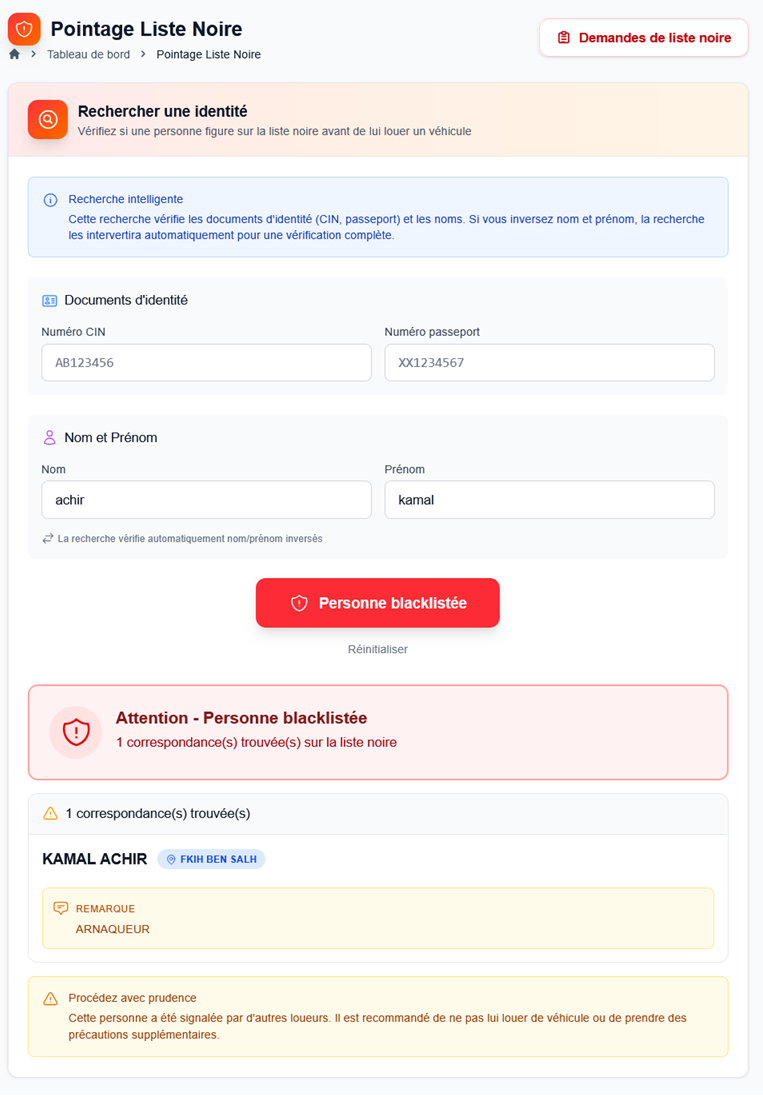 Page de vérification liste noire NextFlotte avec alerte de signalement client