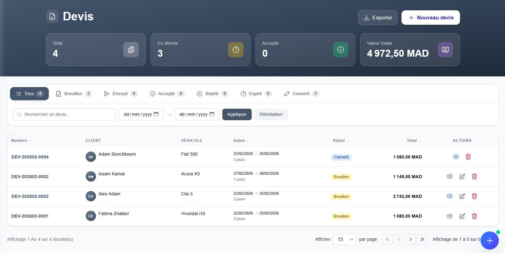 Interface de création de devis et contrats PDF dans NextFlotte