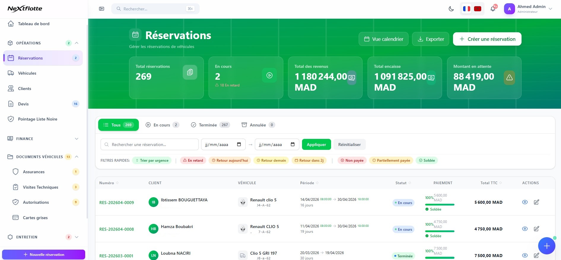 Liste des réservations NextFlotte avec statuts et informations détaillées
