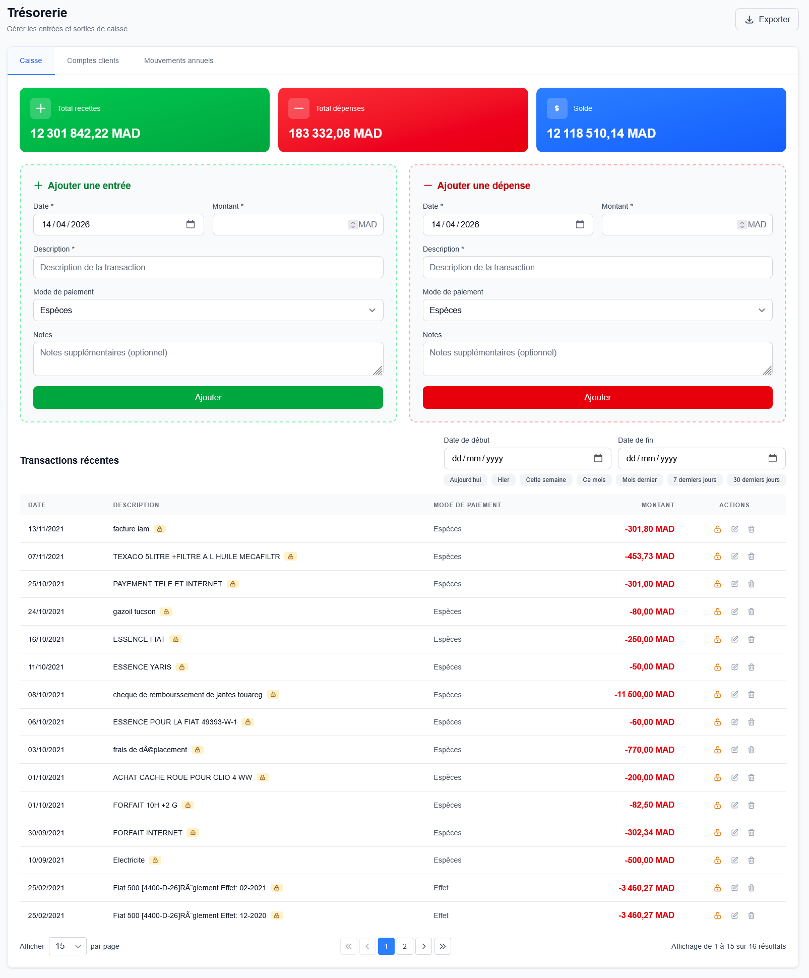 Module trésorerie NextFlotte avec suivi des entrées et dépenses