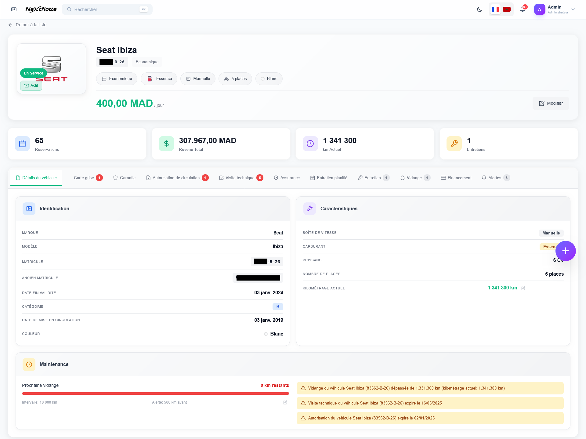 Fiche détaillée d'un véhicule NextFlotte avec historique et sous-modules