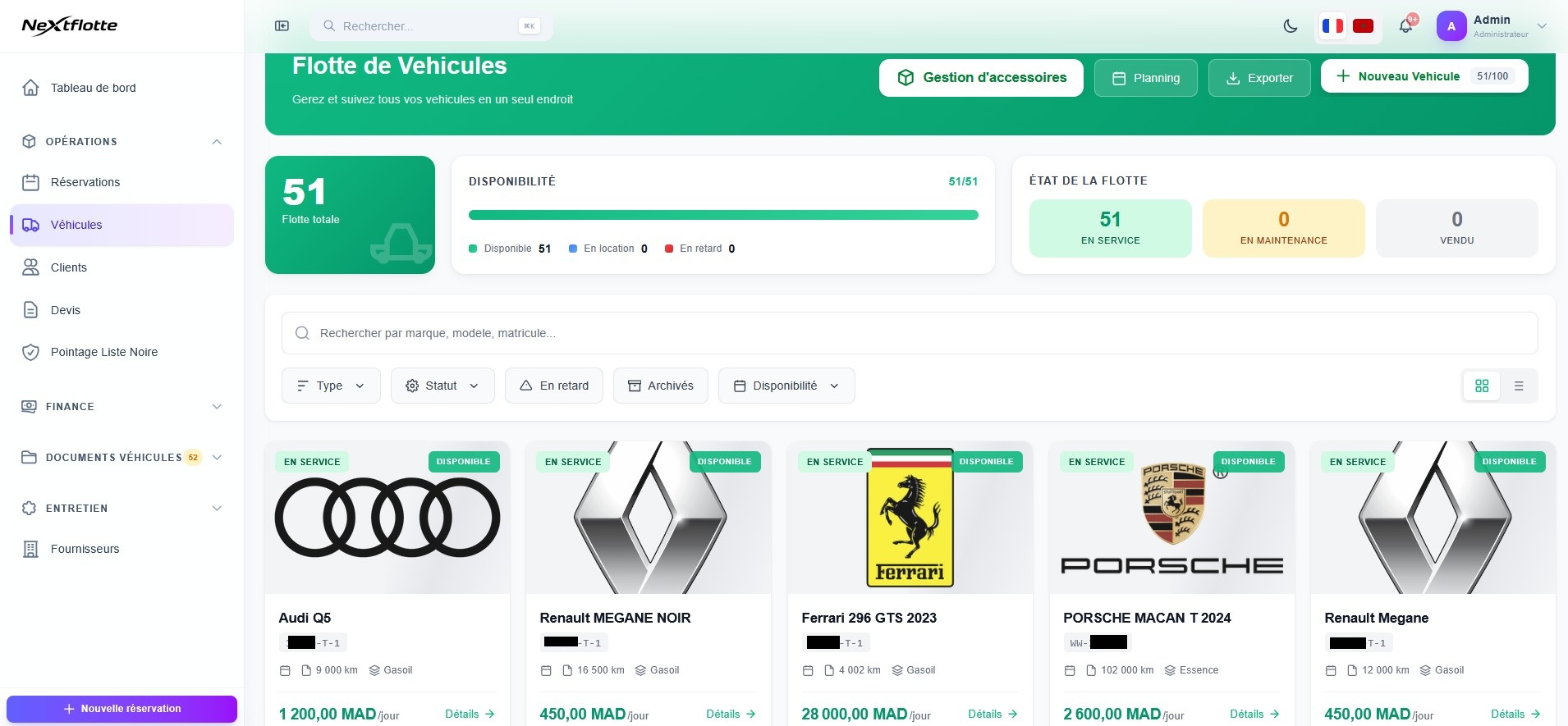 Liste des véhicules importés dans NextFlotte avec détails de la flotte